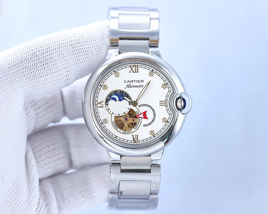 BALLON BLEU 36MM OPEN HEART PINK DIAMOND NUMERALS STEEL STRAP