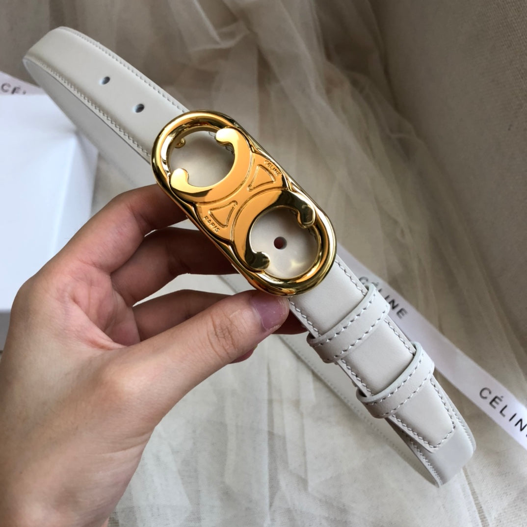 CELINE 25S BELT 25MM IN LIGHT GRAY CALFSKIN GOLD HARDWARE 562439