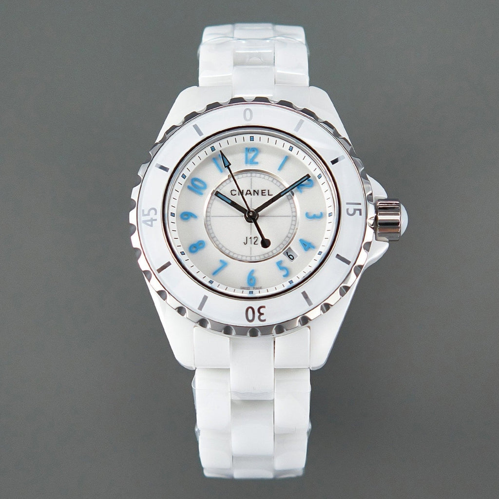 CHANEL J12 Date Quartz White Ceramic Blue Numerals White Dial