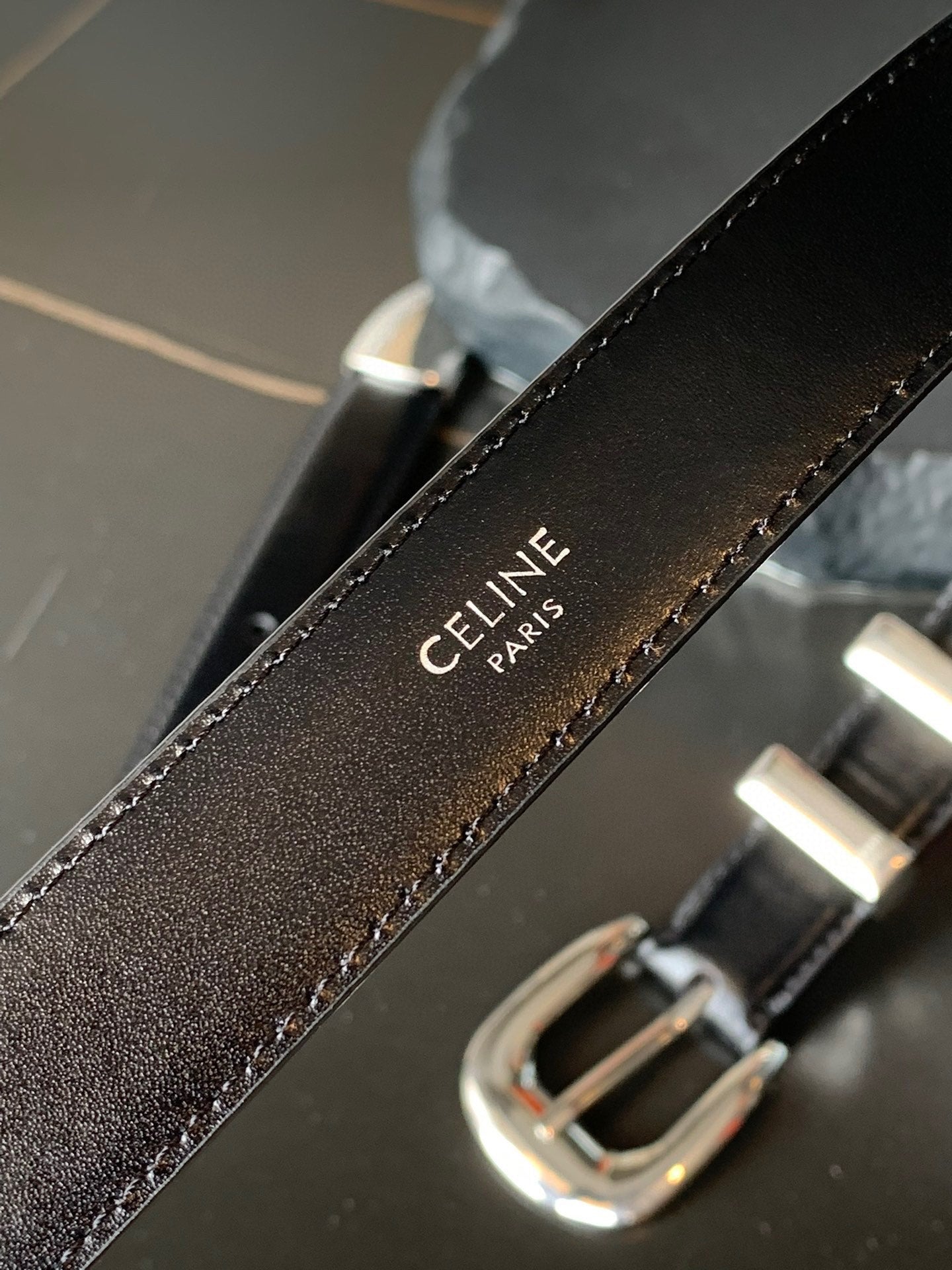 CELINE BELT 25MM MEDIUM WESTERN IN BLACK CALFSKIN WITH SILVER BUCKLE